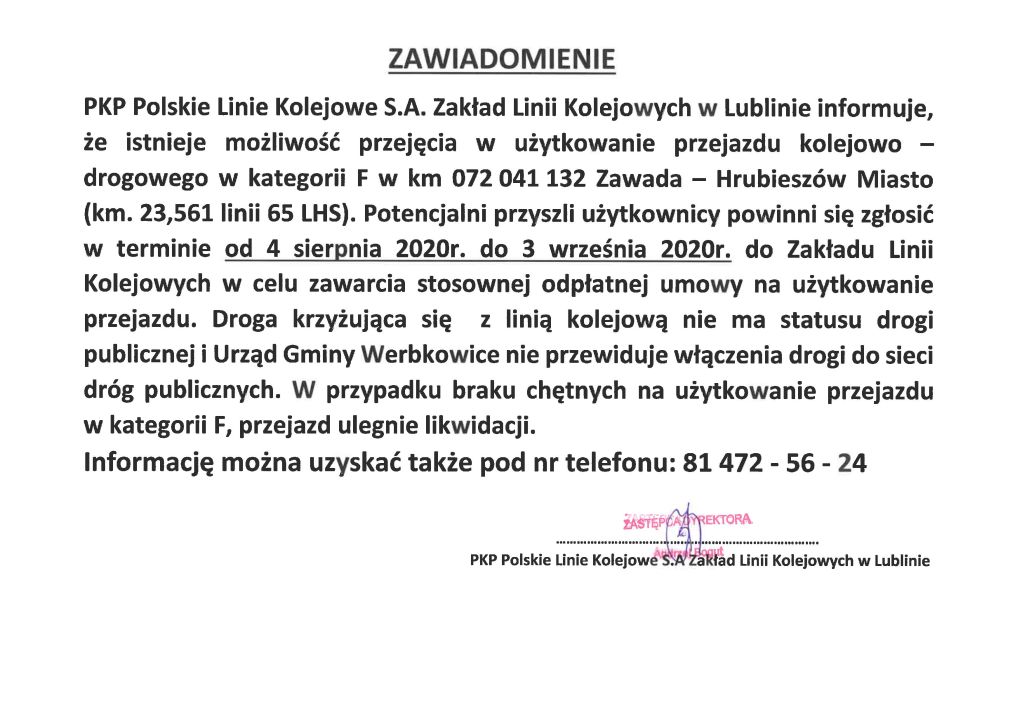Zawiadomienie PKP Polskie Linie Kolejowe