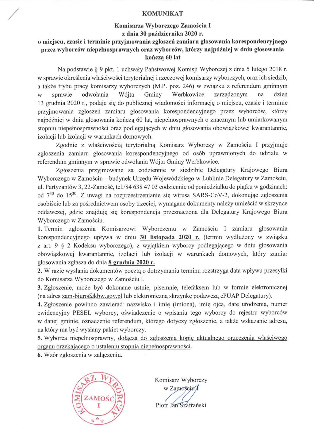 Komunikat  Komisarza Wyborczego Zamościu I z dnia 30 października 2020 r.