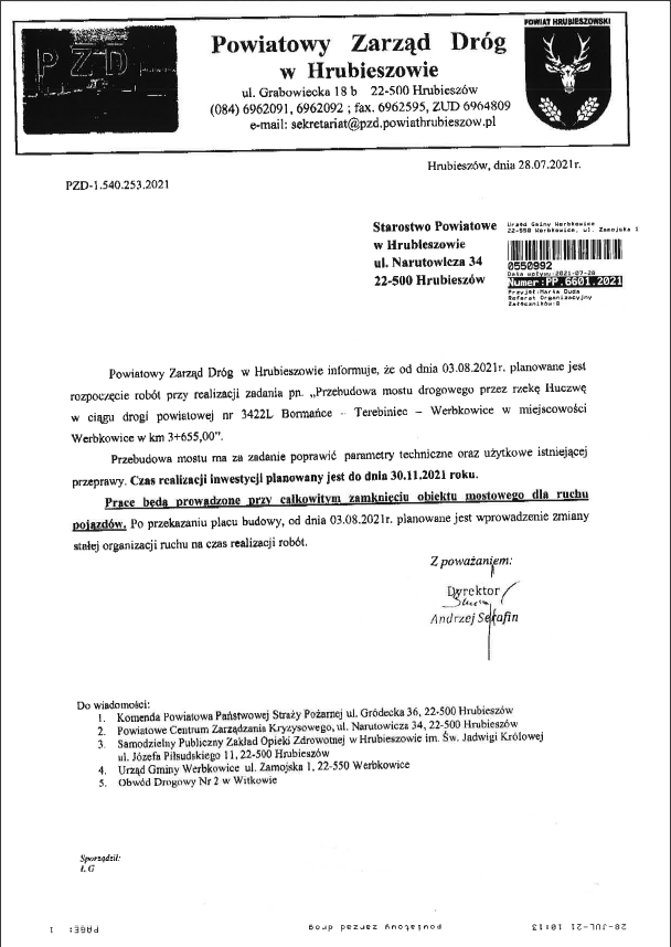 Uwaga - Utrudnienia na drodze Bormańce – Terebiniec – Werbkowice w związku z przebudową mostu 