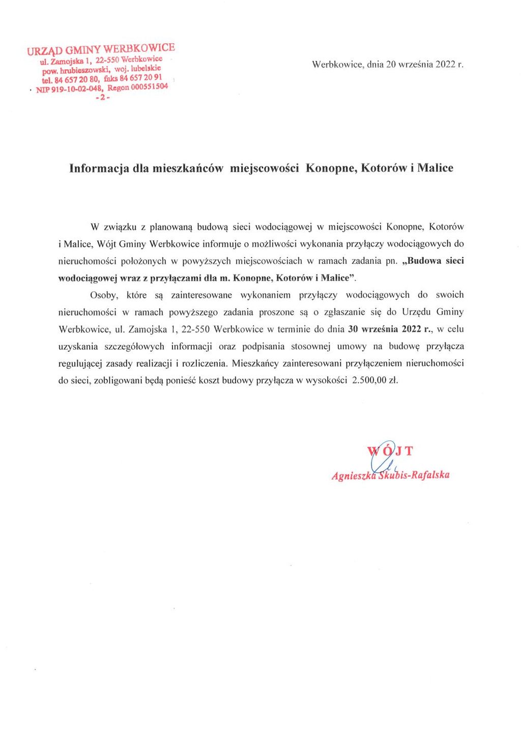 Informacja dla mieszkańców miejscowości Konopne, Kotorów i Malice