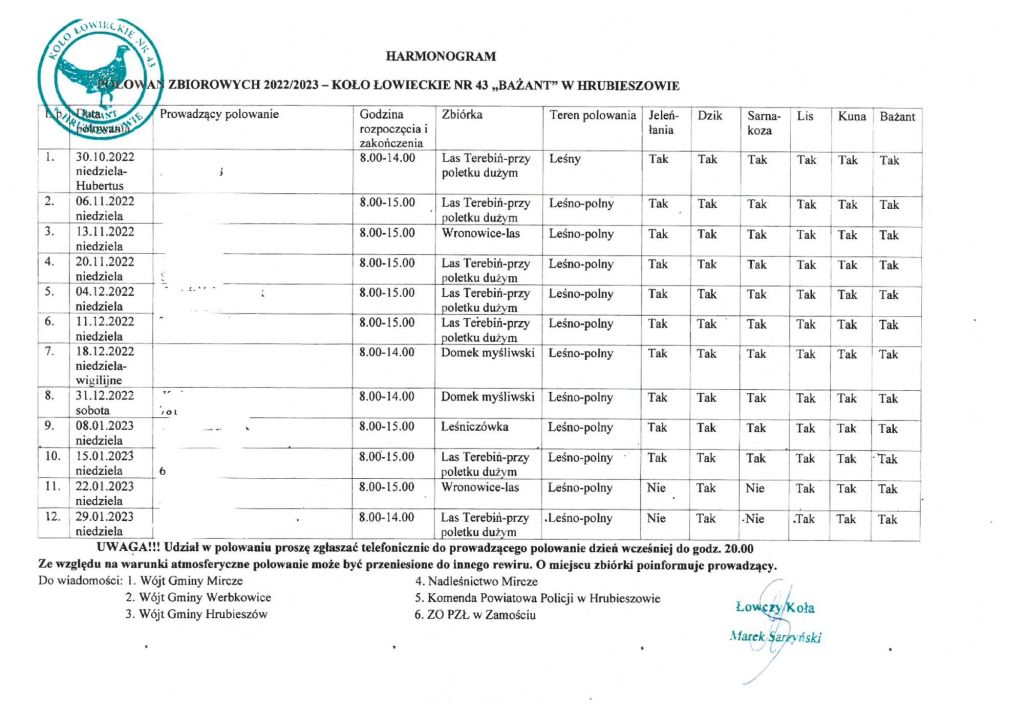 Harmonogram polowań zbiorowych na sezon 2022/2023 Koła Łowieckiego Nr 43 &quot;Bażant&quot; w Hrubieszowie