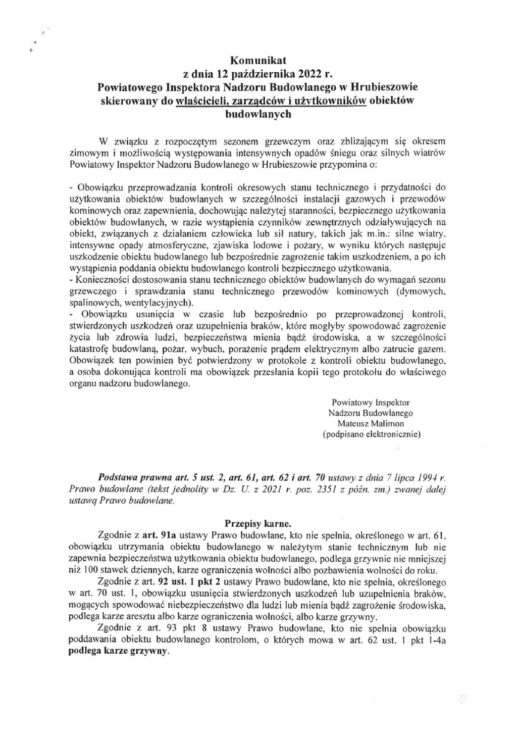 Komunikat z dnia 12 października 2022 r. Powiatowego Inspektora Nadzoru Budowlanego w Hrubieszowie skierowany do właścicieli, zarządców i użytkowników obiektów budowlanych