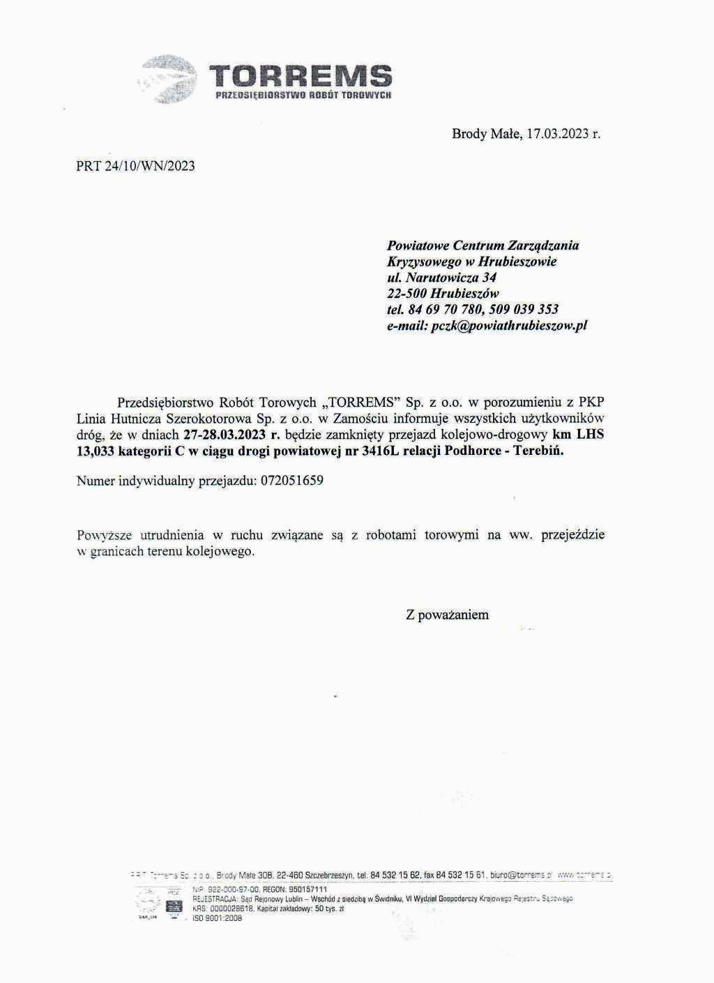 Pismo przedsiębiorstwa robót torowych TORMES w sprawie zamknięcia przejazdu kolejowo-drogowego
