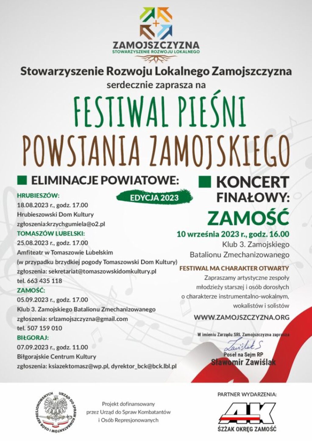 Zaproszenie do udziału w Festiwalu Pieśni Powstania Zamojskiego EDYCJA 2023