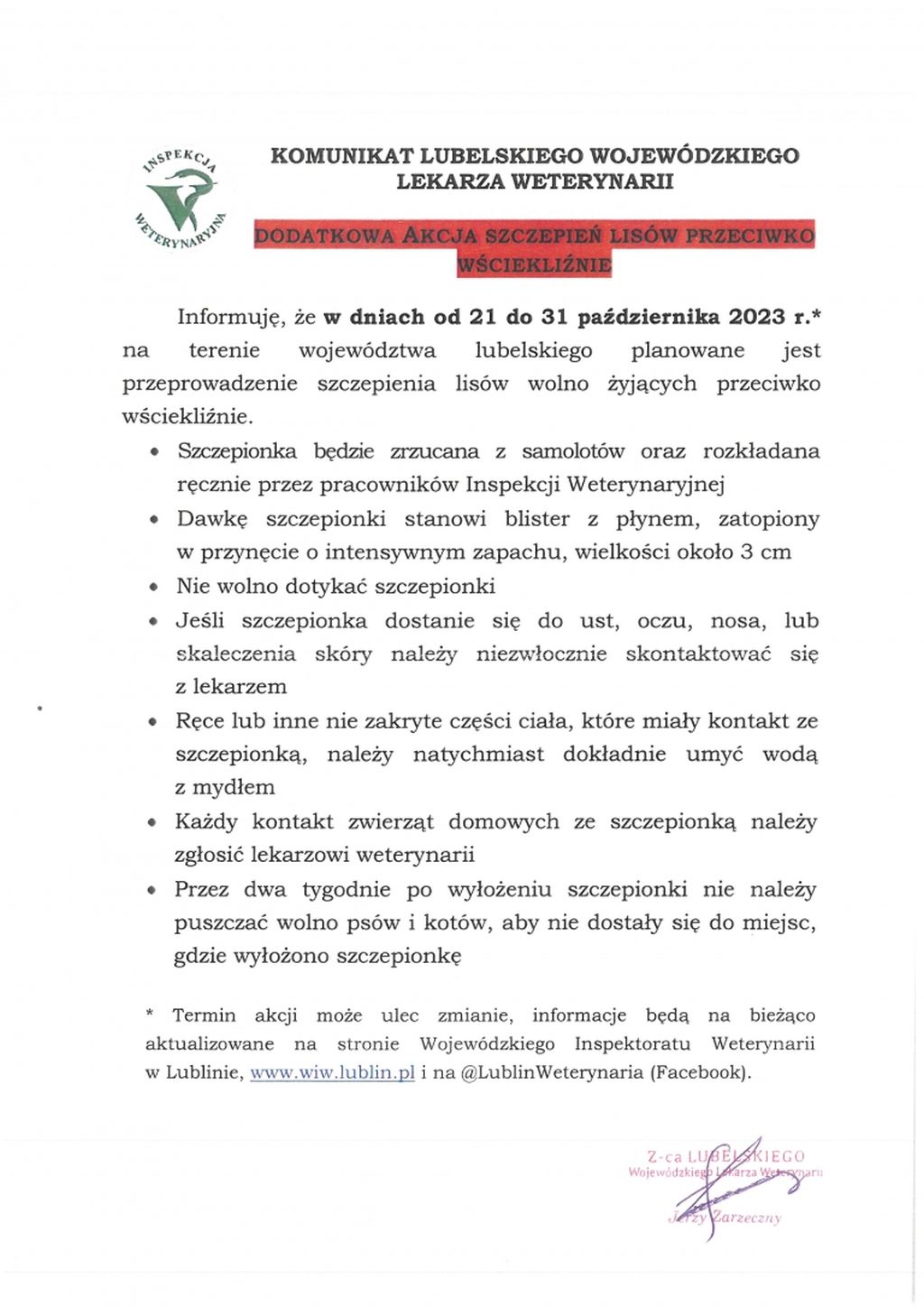 KOMUNIKAT LUBELSKIEGO WOJEWÓDZKIEGO LEKARZA WETERYNARII