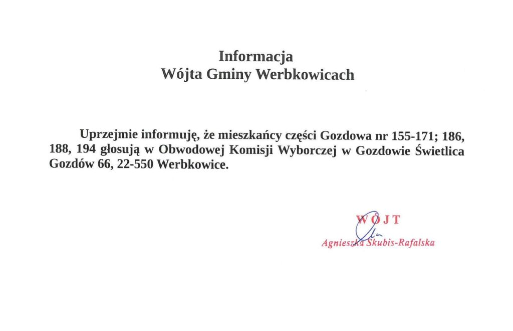 Informacja Wójta Gminy Werbkowicach