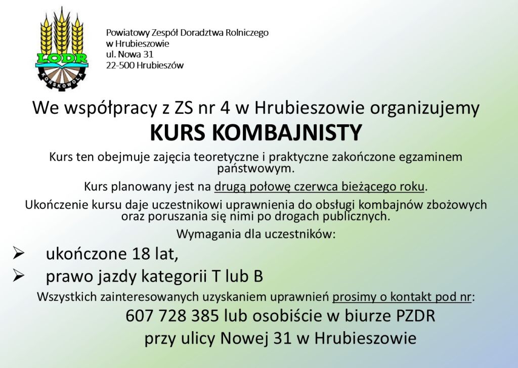 Kurs Kombajnisty - zapisy